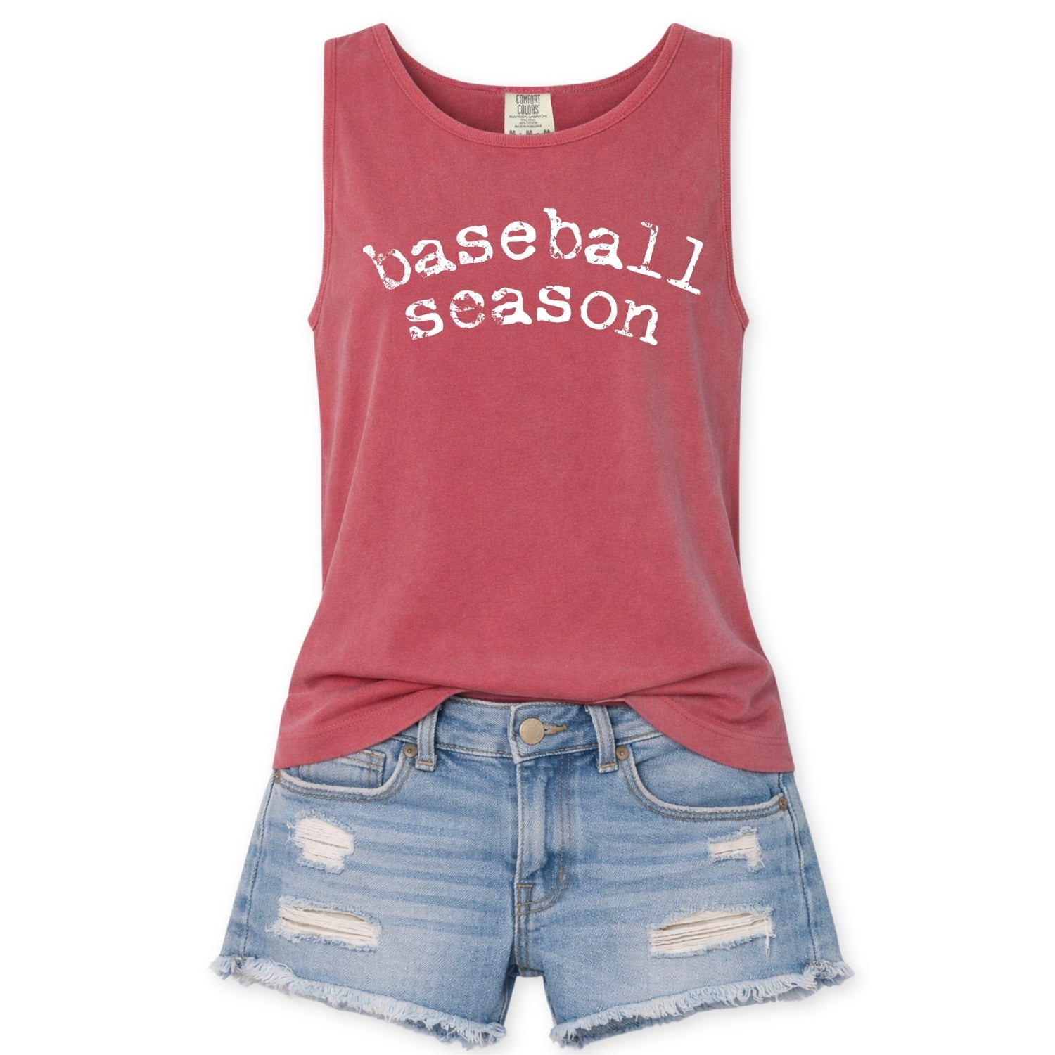 Red tank top with 'baseball season' text and denim shorts on a white background