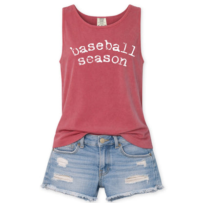 Red tank top with 'baseball season' text and denim shorts on a white background