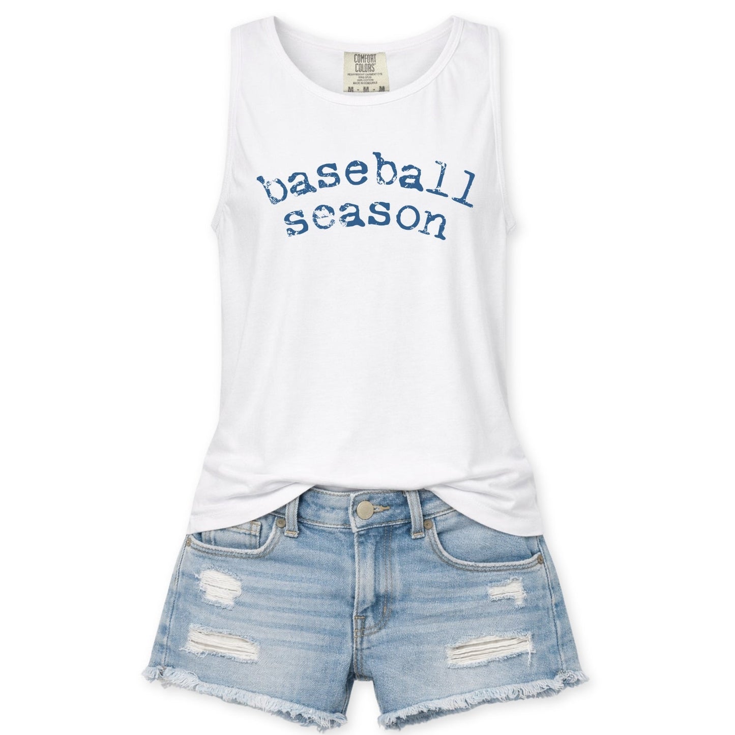 White tank top with 'baseball season' text and denim shorts on a white background