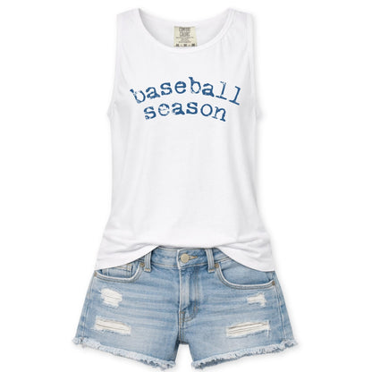 White tank top with 'baseball season' text and denim shorts on a white background