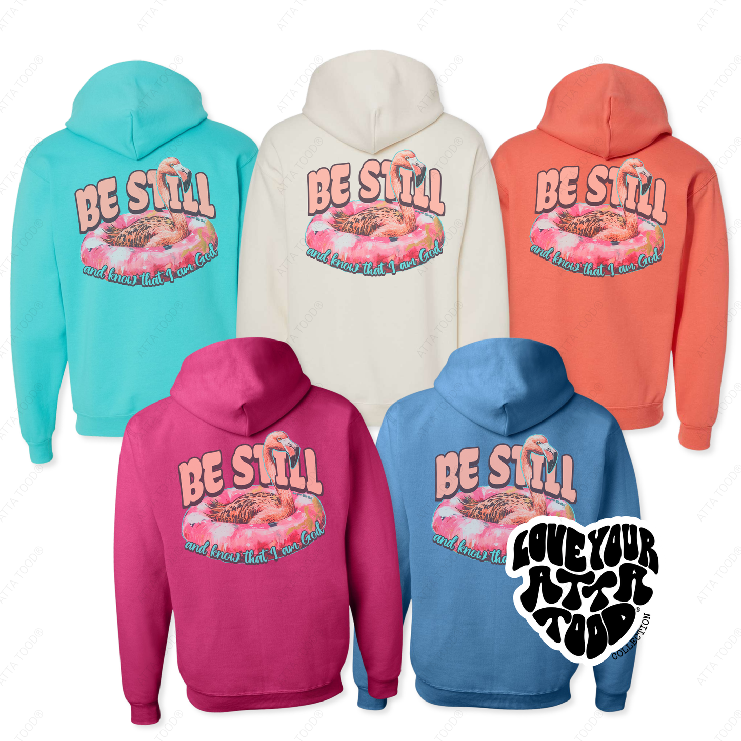 Five hoodies in different colors with a common design on the back, featuring text and graphics.