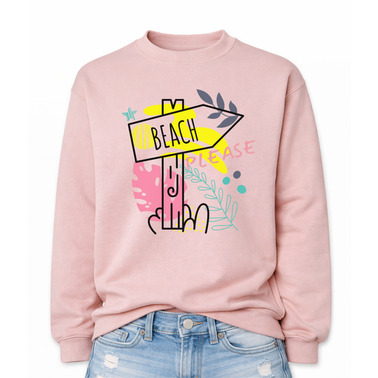 Beach themed graphic on a classic blush pink crewneck sweatshirt. The design features a stylized beach direction sign with the word Beach centered inside the arrow, surrounded by colorful coastal inspired shapes and decorative elements. The phrase Beach Please is incorporated into the graphic, creating a playful vacation themed design with bright tropical accents.