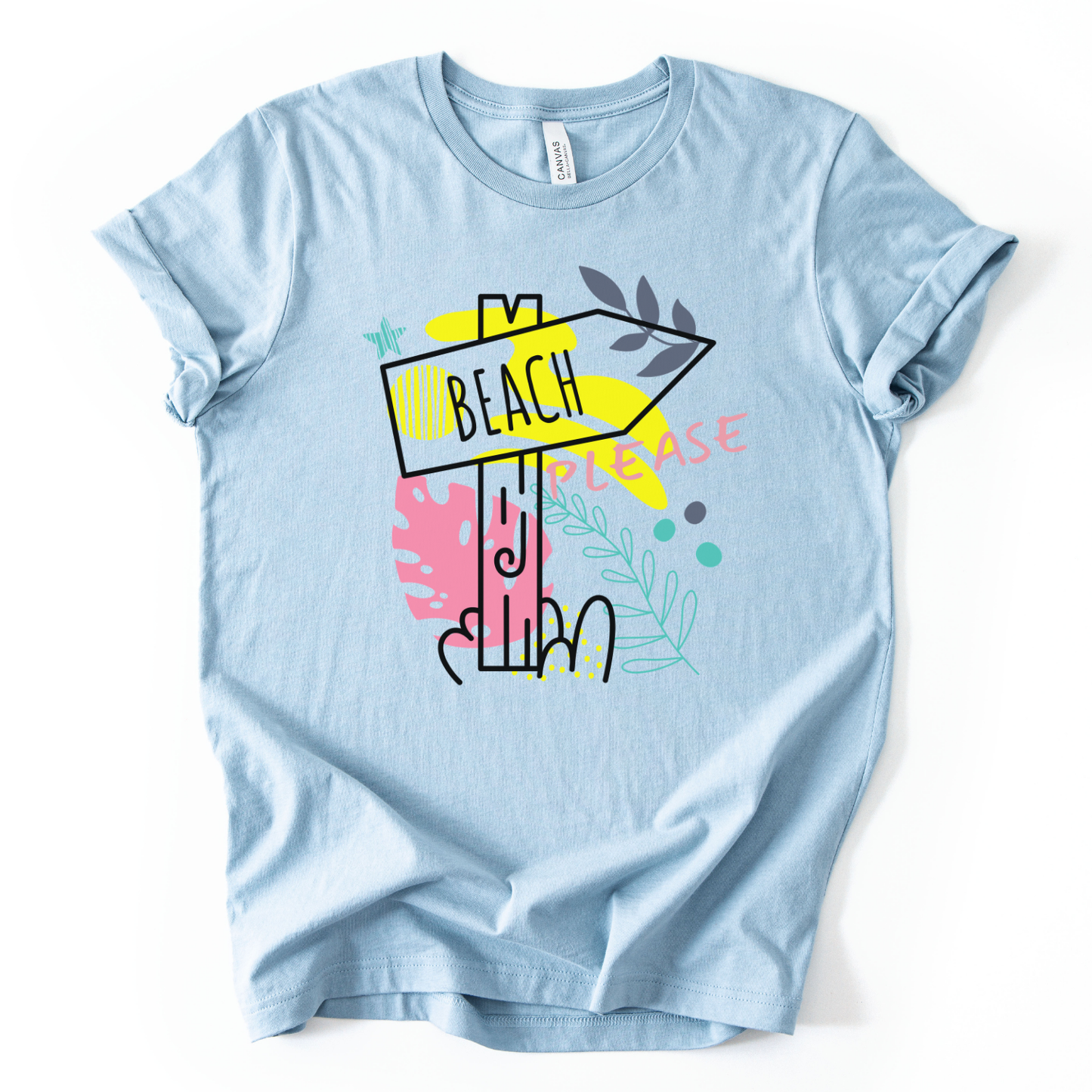 Summer beach graphic on a soft unisex graphic tee. The design features a stylized beach direction sign with the word Beach pointing outward and playful script text reading Beach Please layered across the artwork. Bright tropical shapes including sun inspired yellow accents, coral pink splash details, teal elements, and coastal foliage create a fun modern beach illustration that captures summer vacation energy.