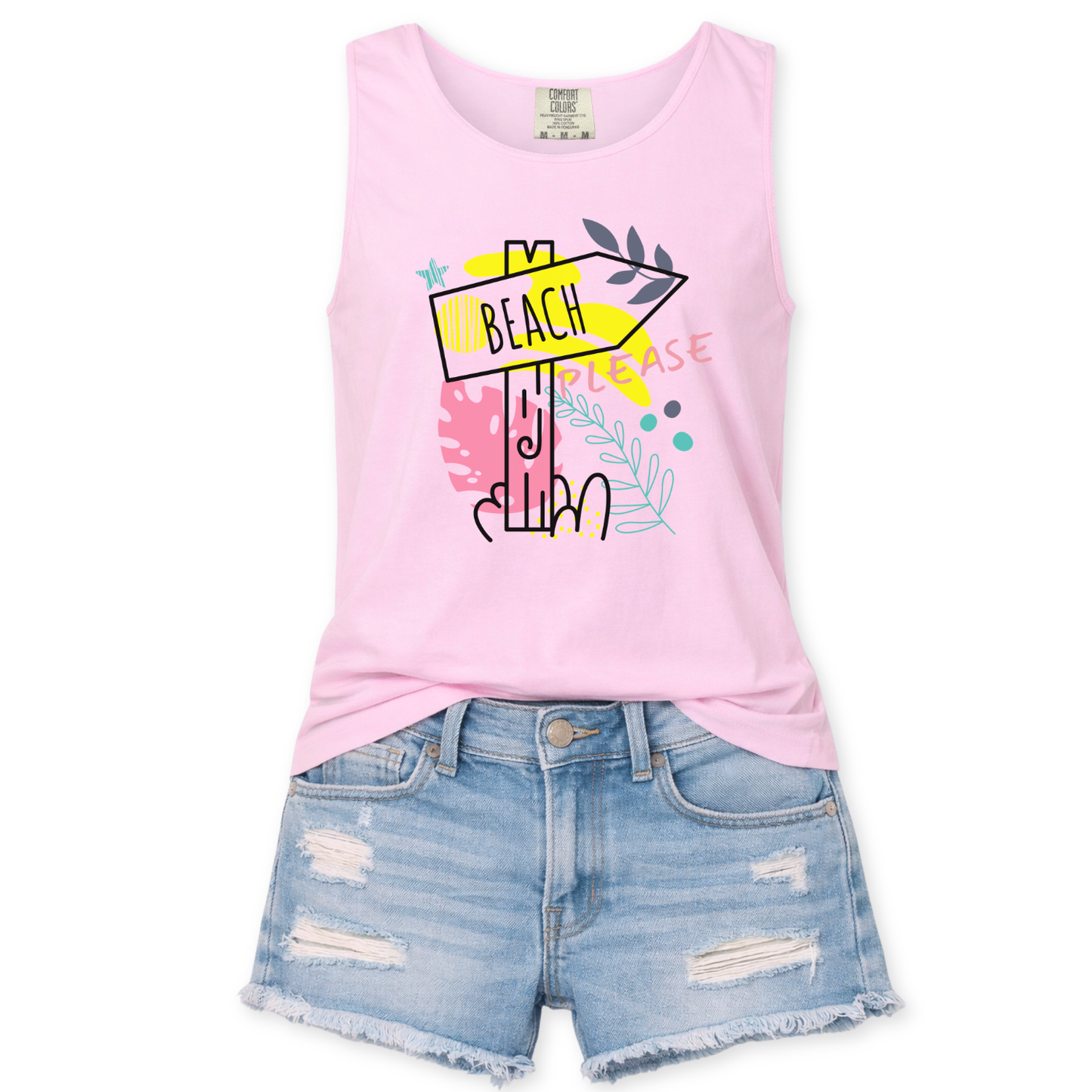 pink tank top with colorful text that says beach please with a sign pointing to the beach and denim shorts on a white background