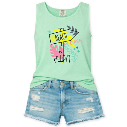 Mint green tank top with colorful text that says beach please with a sign pointing to the beach and denim shorts on a white background
