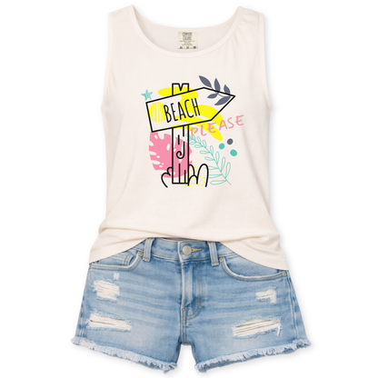 Ivory tank top with colorful text that says beach please with a sign pointing to the beach and denim shorts on a white background