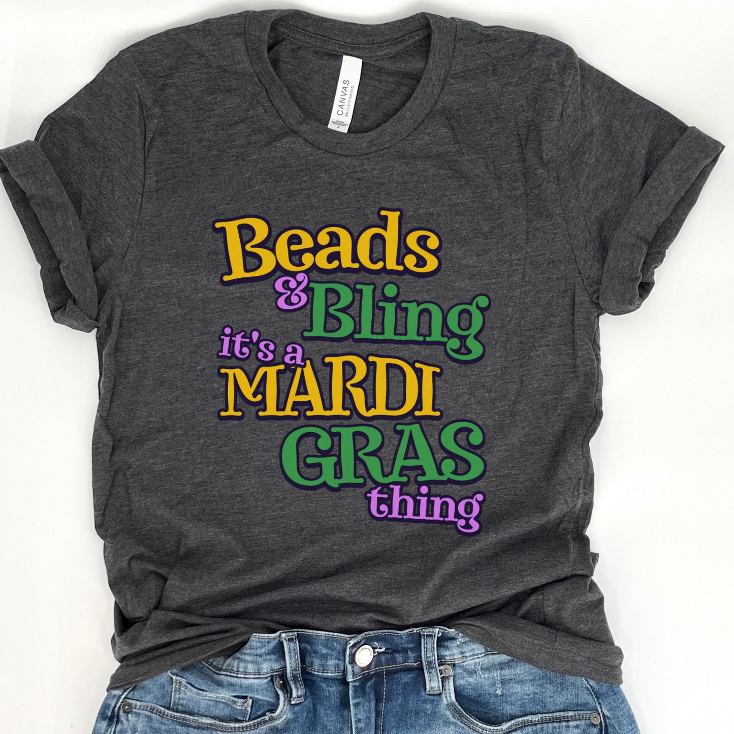 Beads and Bling Mardi Gras women's graphic t-shirt, Holiday top