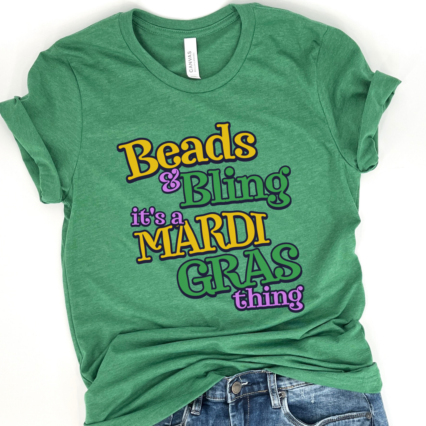 Beads and Bling Mardi Gras women's graphic t-shirt, Holiday top
