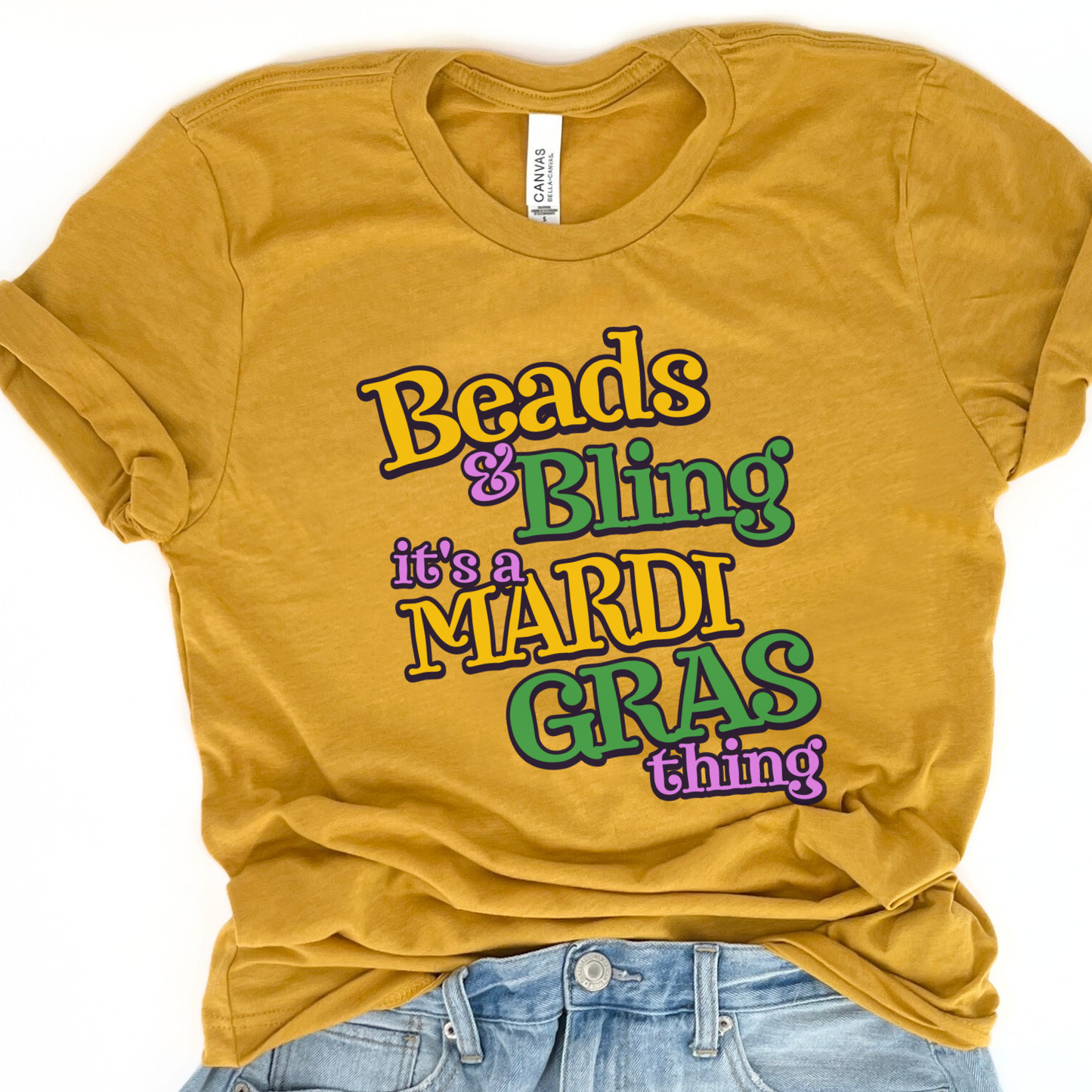 Beads and Bling Mardi Gras women's graphic t-shirt, Holiday top