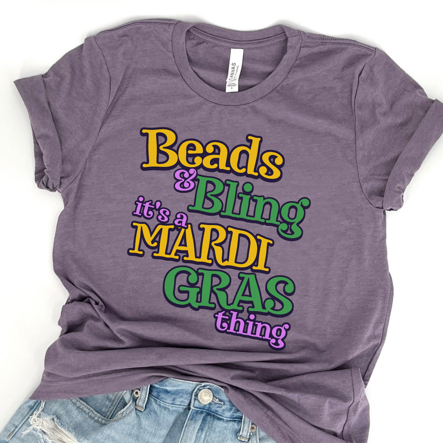 Beads and Bling Mardi Gras women's graphic t-shirt, Holiday top
