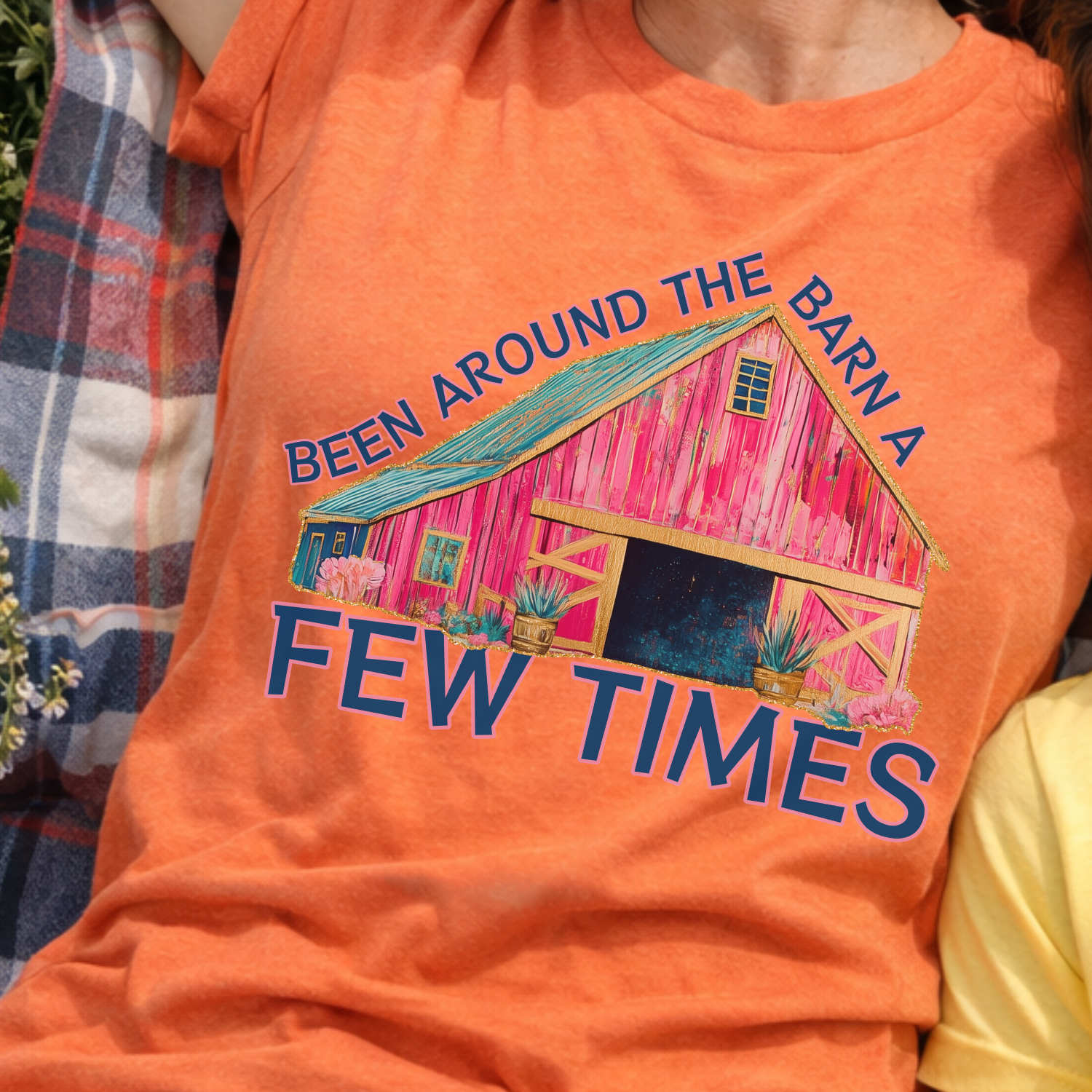 been around the barn a few time featuring a colorful pink barn on a bella canvas heather orange t-shirt