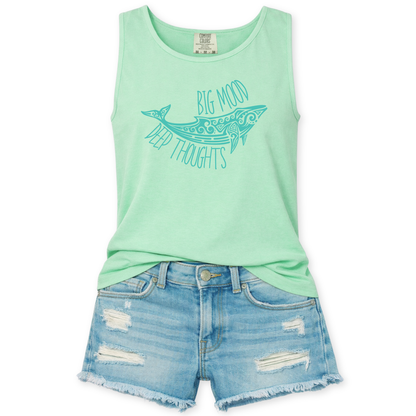 Big Mood Deep Thoughts featuring with a coastal blue whale graphic on a minty green Comfort Colors garment dyed unisex tank top.