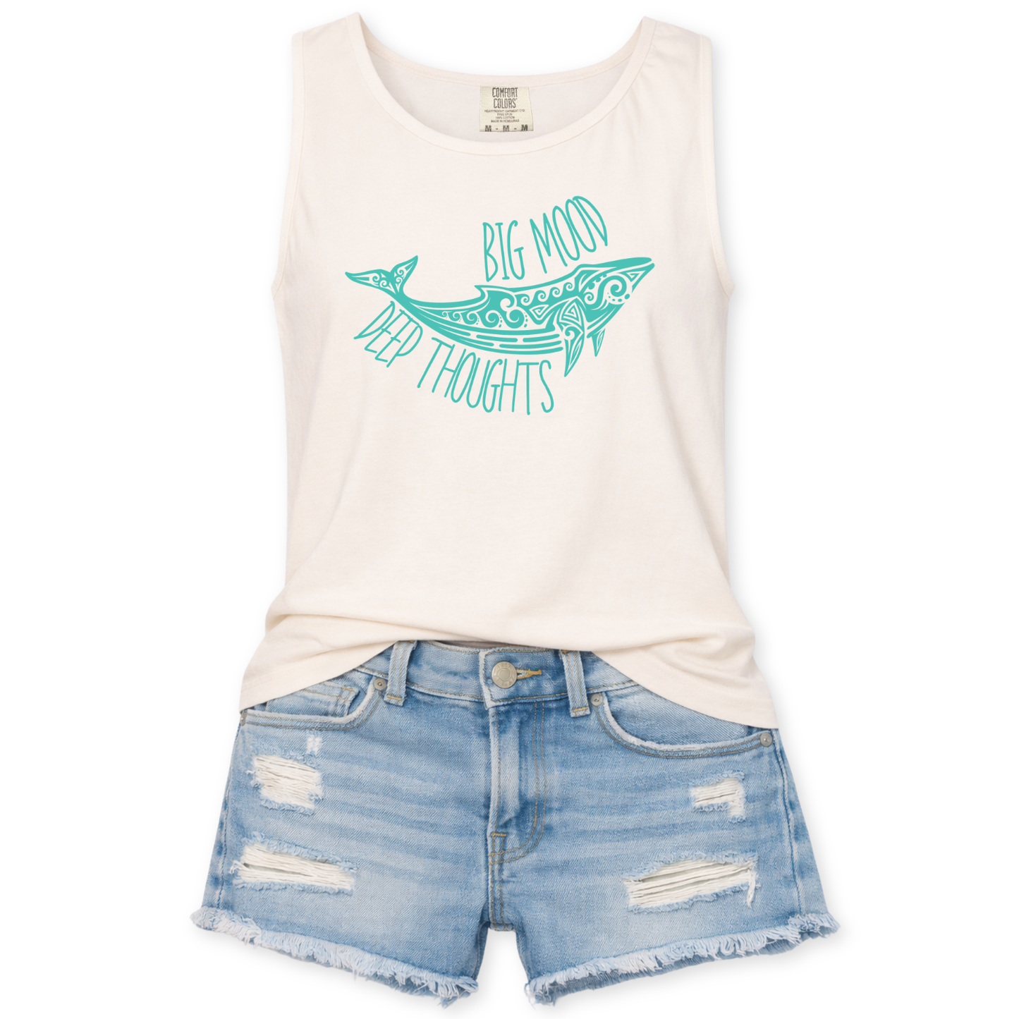 Big Mood Deep Thoughts featuring with a coastal blue whale graphic on an ivory Comfort Colors garment dyed unisex tank top.