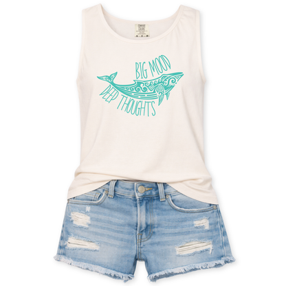 Big Mood Deep Thoughts featuring with a coastal blue whale graphic on an ivory Comfort Colors garment dyed unisex tank top.