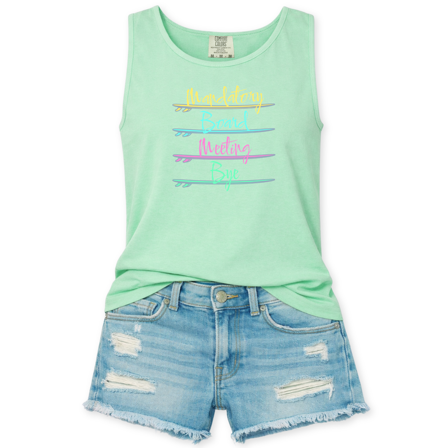 A blue Comfort Colors garment dyed unisex tank top featuring neon colored surfboards with a fun saying, Mandatory board meeting, bye