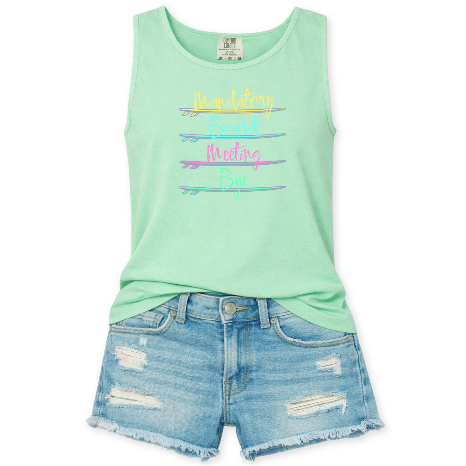 A blue Comfort Colors garment dyed unisex tank top featuring neon colored surfboards with a fun saying, Mandatory board meeting, bye