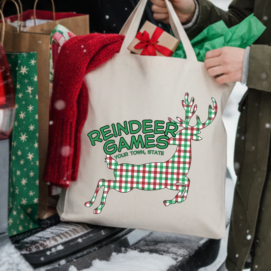 Custom Christmas reindeer tote | Holiday canvas book bag