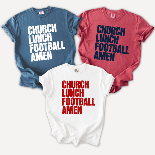 Three shirts with 'Church Lunch Football Amen' text in different colors on a white background