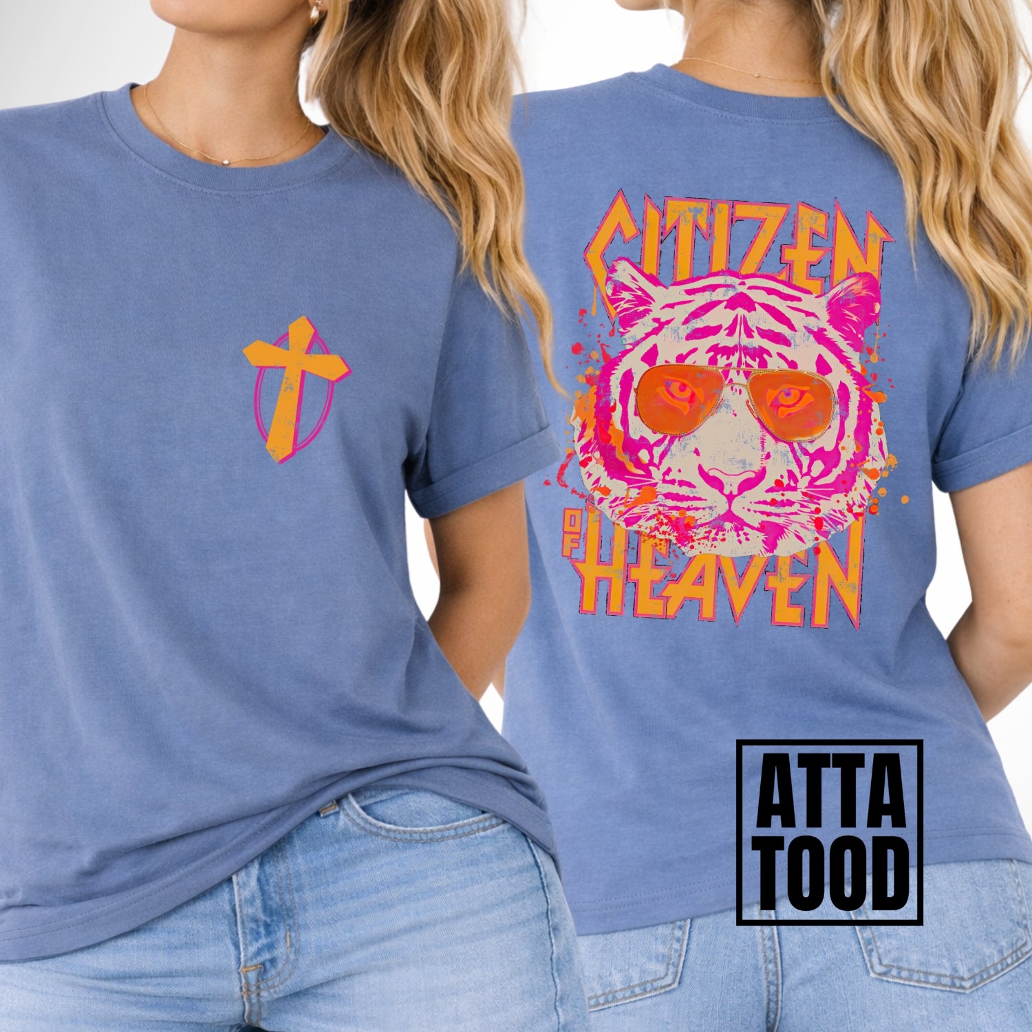 front and back image of a comfort color blue tee.  pocket image is of a pink and mustard cross and the back is a large image that says Citizen of Heaven with a pink tiger wearing sunglasses