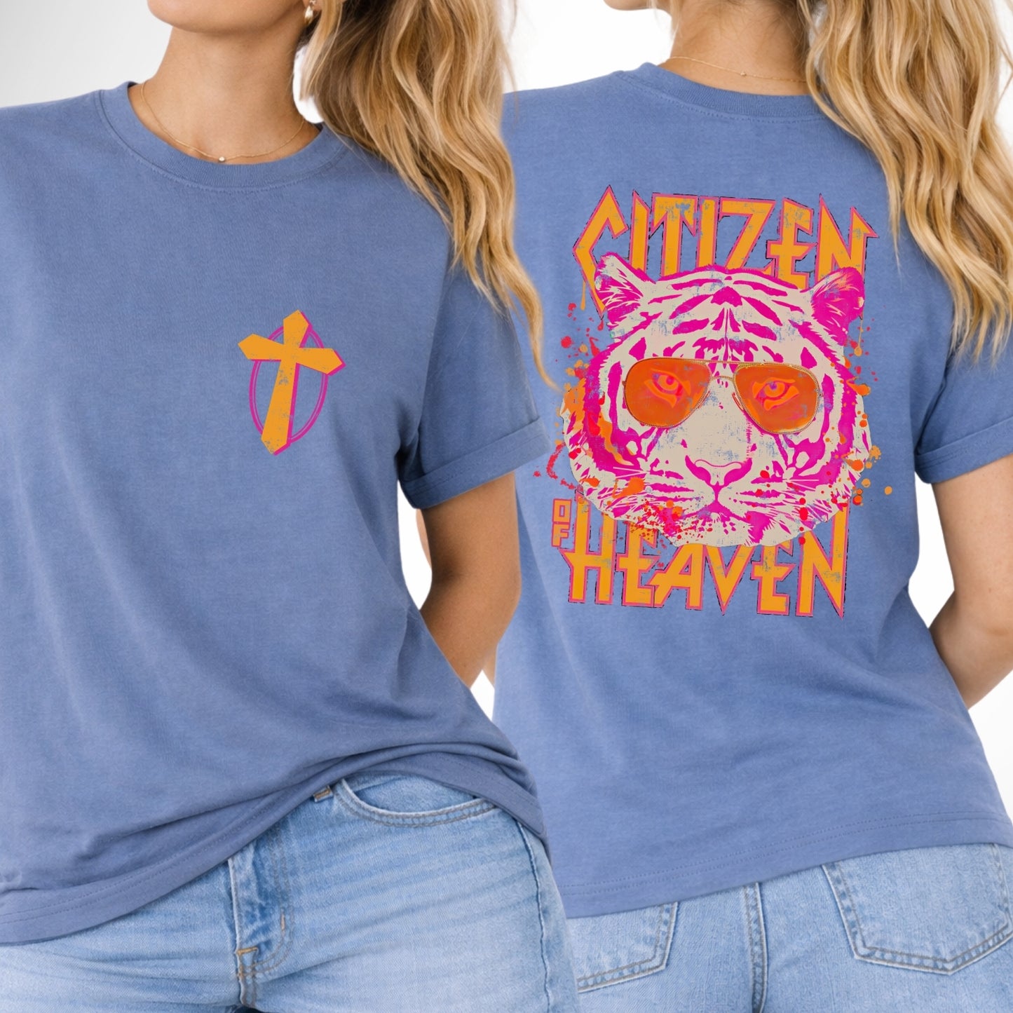 front and back image of a comfort color blue jean tee.  pocket image is of a pink and mustard cross and the back is a large image that says Citizen of Heaven with a pink tiger wearing sunglasses