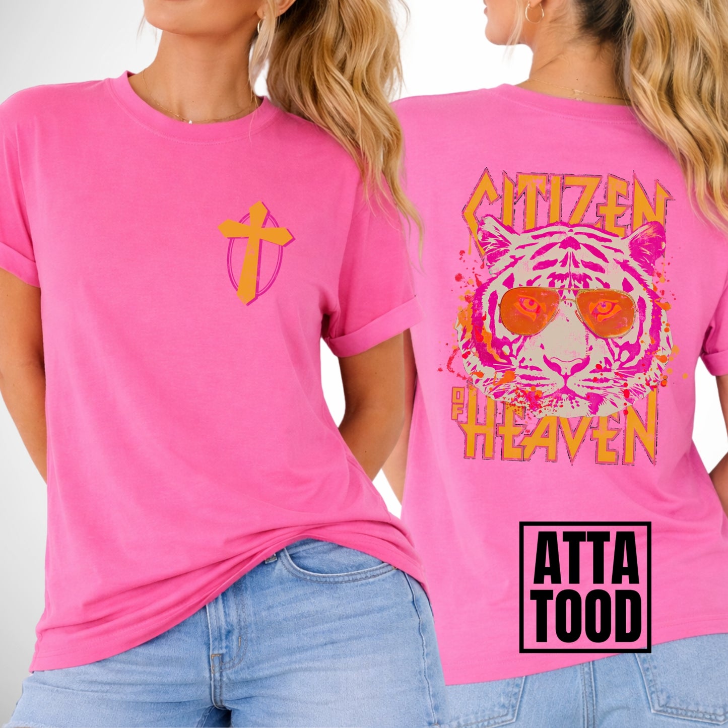 front and back image of a comfort color pink tee.  pocket image is of a pink and mustard cross and the back is a large image that says Citizen of Heaven with a pink tiger wearing sunglasses