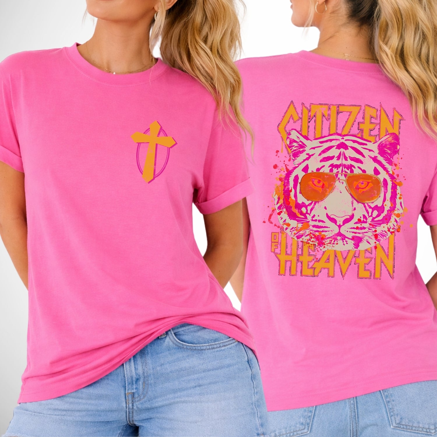 front and back image of a comfort color pink tee.  pocket image is of a pink and mustard cross and the back is a large image that says Citizen of Heaven with a pink tiger wearing sunglasses
