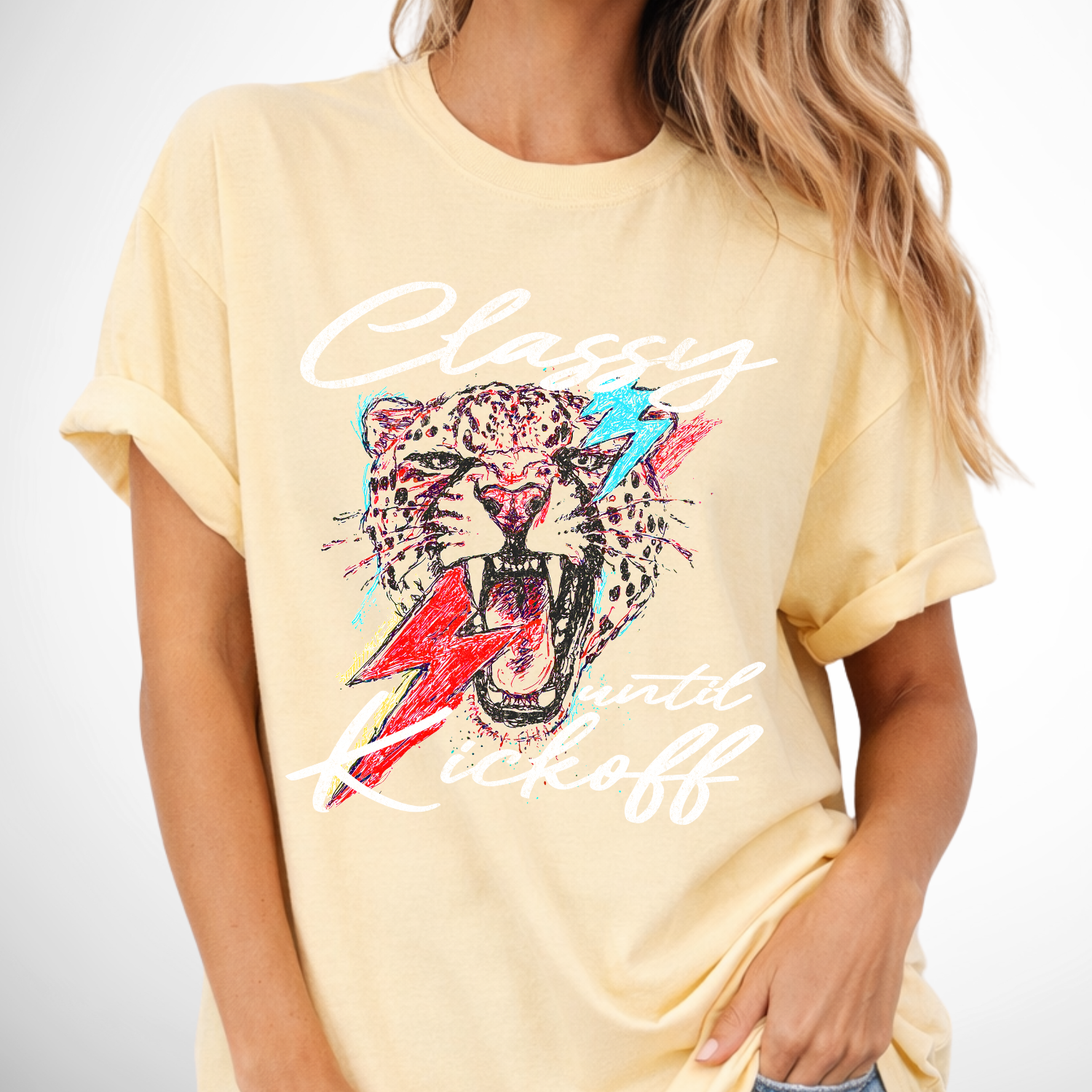 classy until kickoff tiger comfort color graphic tee on a butter yellow