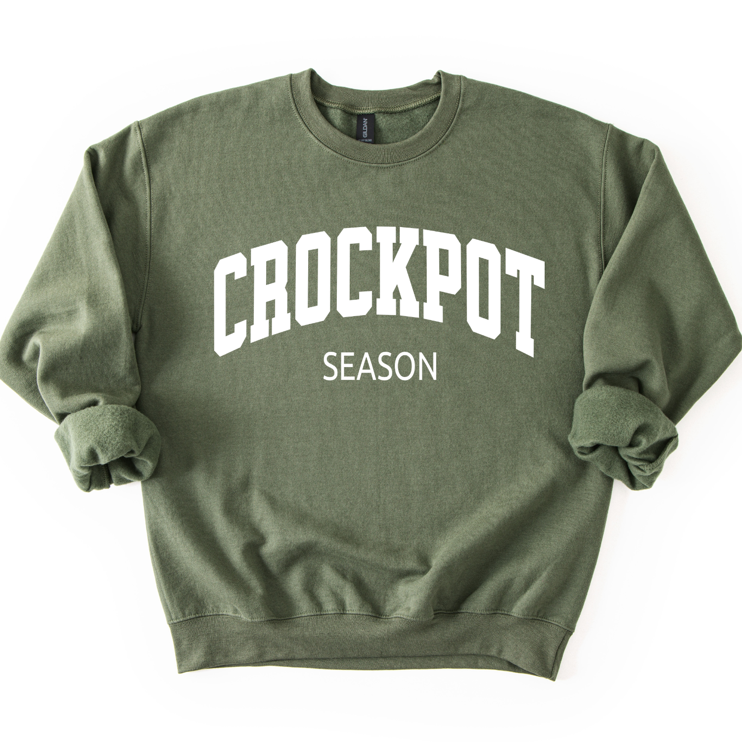 crockpot season letter graphic on a military green sweatshirt