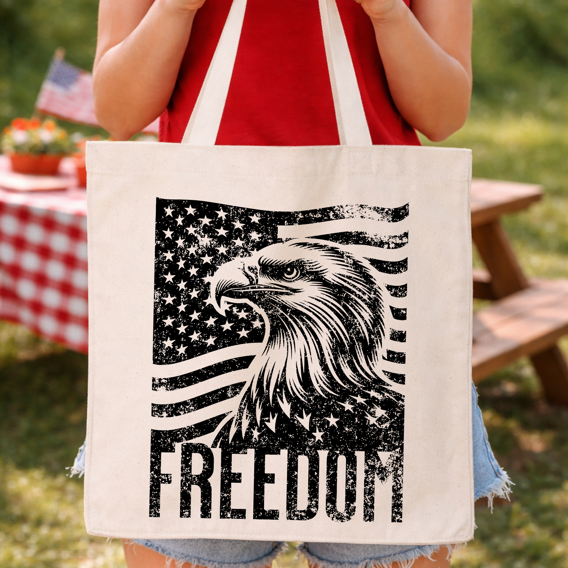 Patriotic Fourth of July historical graphic on a 100% cotton canvas tote bag. The design features bold oversized “1776” typography centered on the bag, layered with “Philadelphia July 4th” text above and “The Dawn of American Freedom” below in distressed red, white, and blue lettering for a classic Americana, history-forward look ideal for Independence Day merchandising.