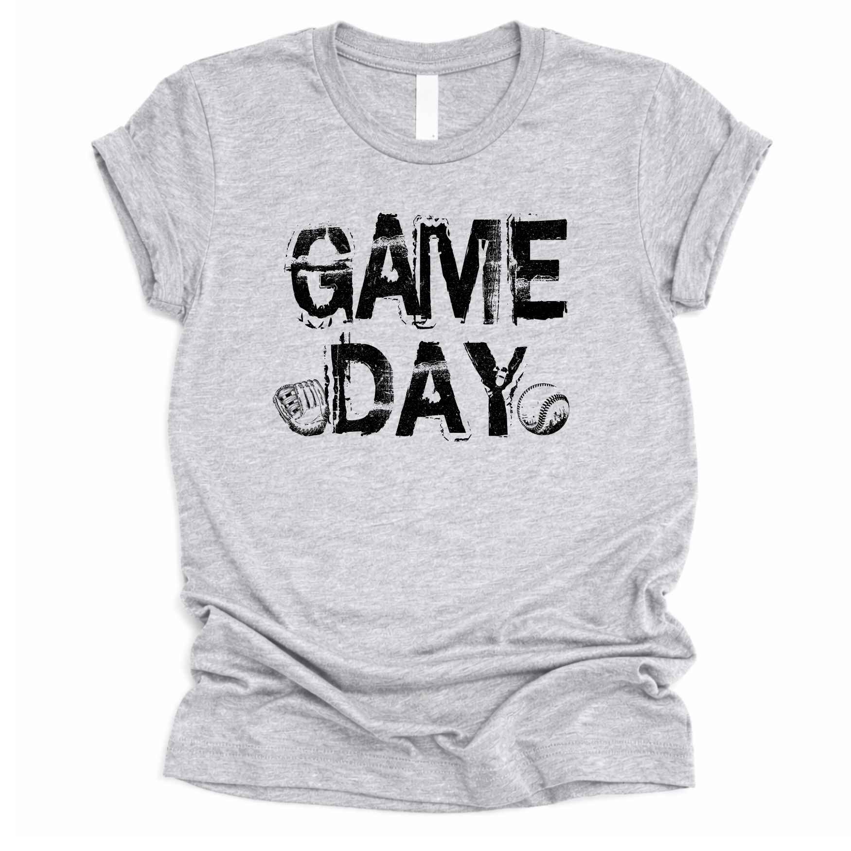 Gray t-shirt with 'GAMEDAY' text and sports ball graphics on a white background