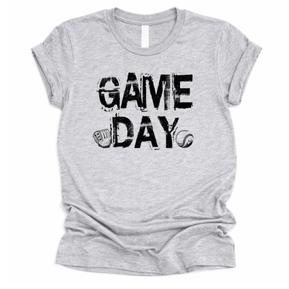 Gray t-shirt with 'GAMEDAY' text and sports ball graphics on a white background