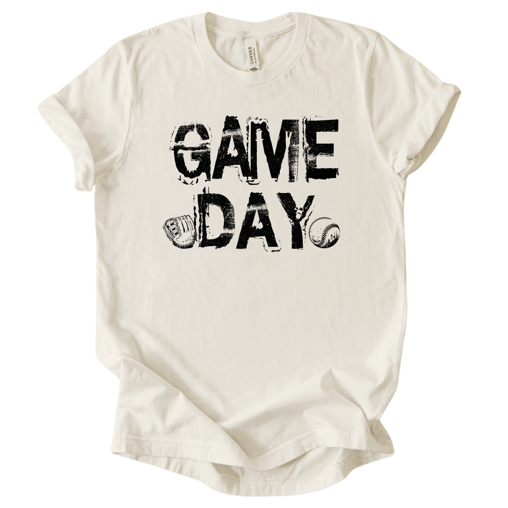White t-shirt with 'GAMEDAY' text on a white background