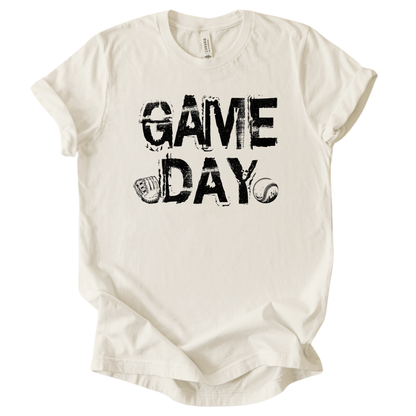 White t-shirt with 'GAMEDAY' text on a white background