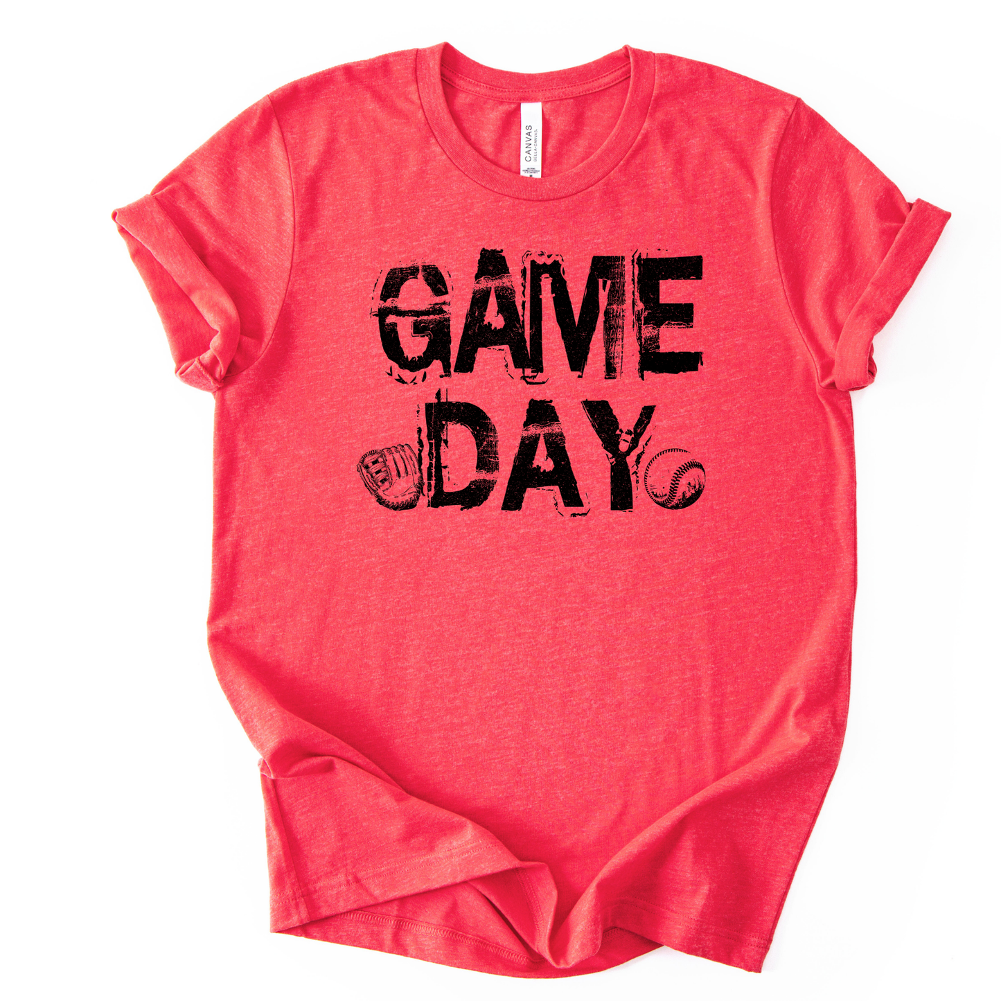 Red t-shirt with 'GAME DAY' text on a white background