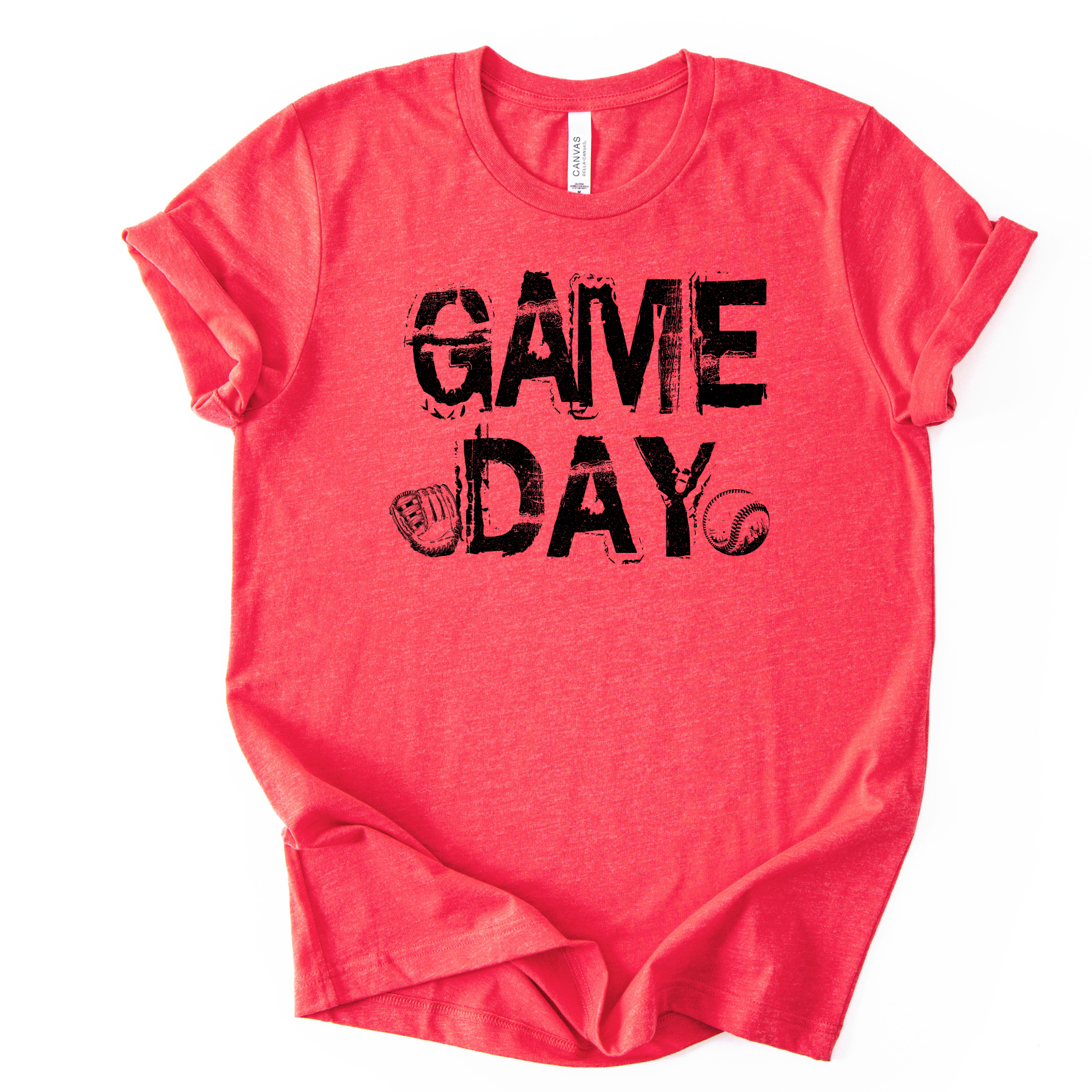 Red t-shirt with 'GAME DAY' text on a white background