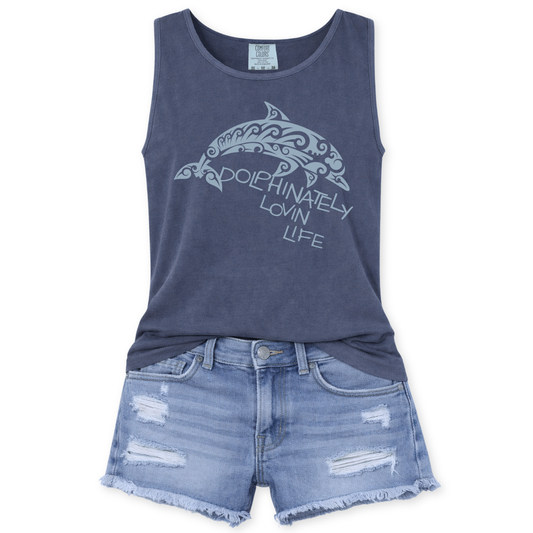 Dolphinately lovin life funny statement with a dolphin graphic on a denim Comfort Colors garment dyed unisex tank top.&nbsp;