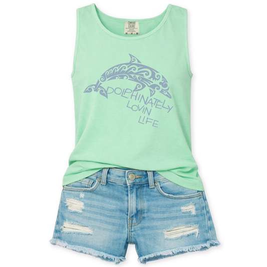 Dolphinately lovin life funny statement with a dolphin graphic on a mint green Comfort Colors garment dyed unisex tank top.&nbsp;