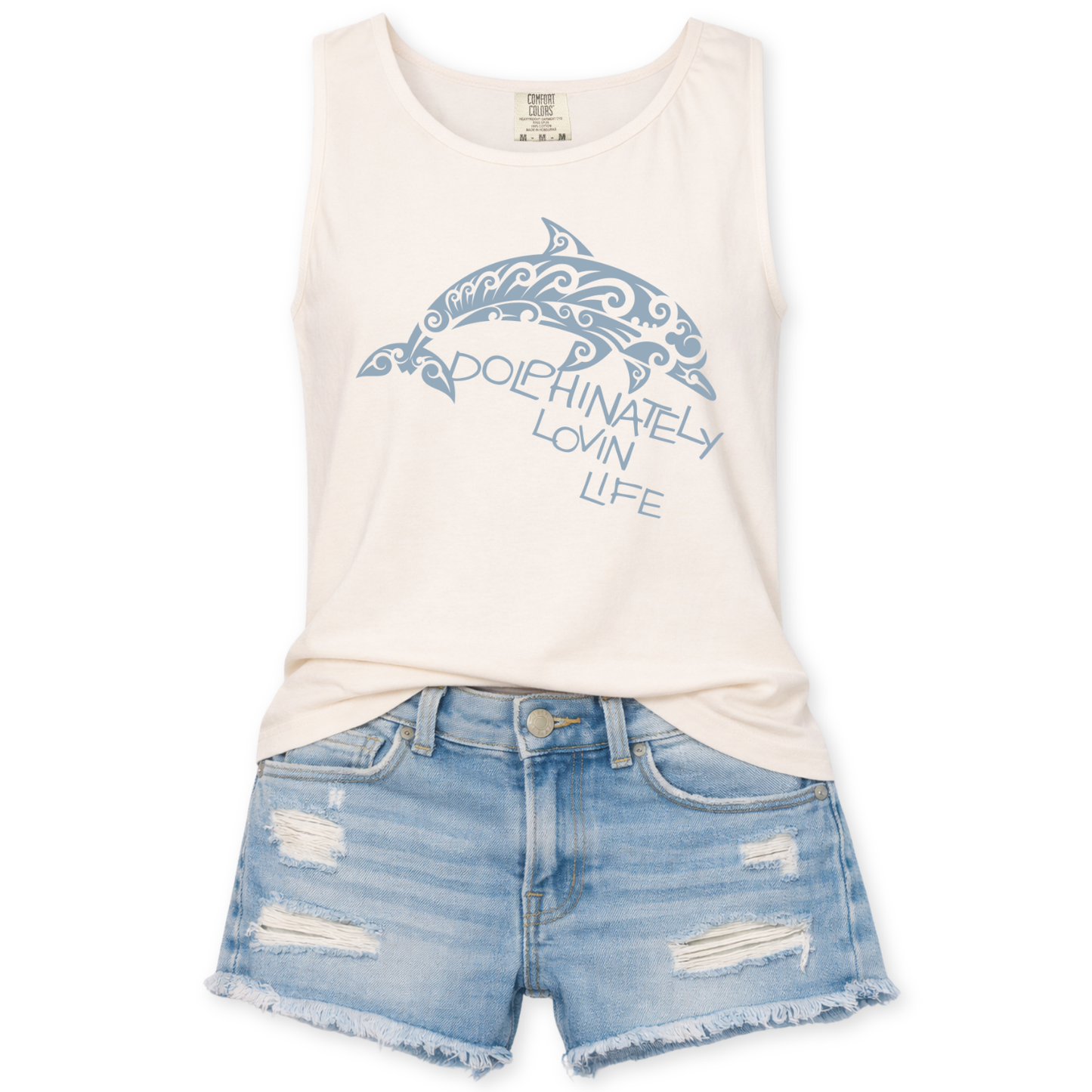 Dolphinately lovin life funny statement with a dolphin graphic on a ivory Comfort Colors garment dyed unisex tank top.&nbsp;
