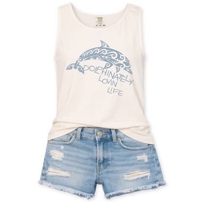 Dolphinately lovin life funny statement with a dolphin graphic on a ivory Comfort Colors garment dyed unisex tank top.&nbsp;