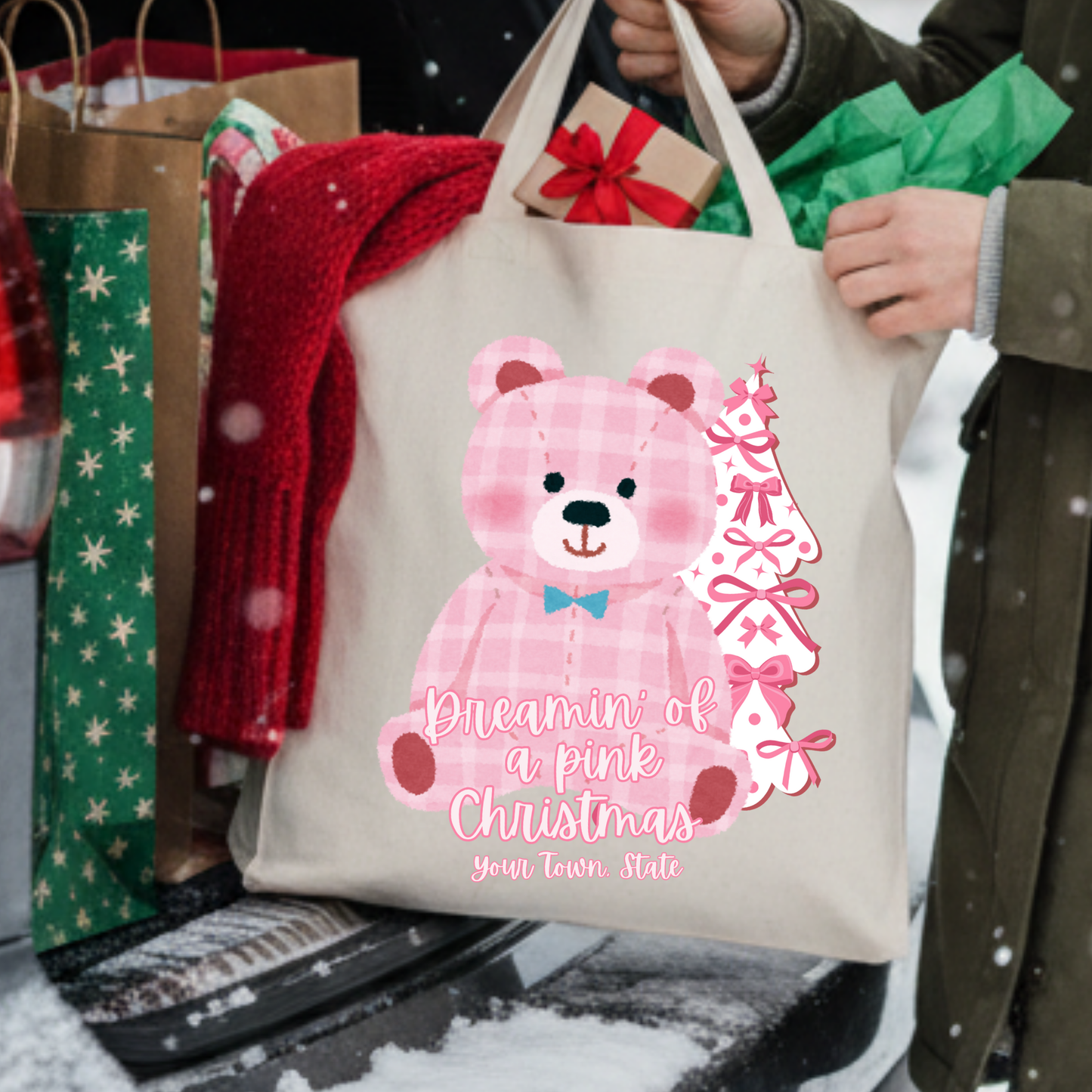 Custom pink Christmas bear tote | Holiday canvas book bag