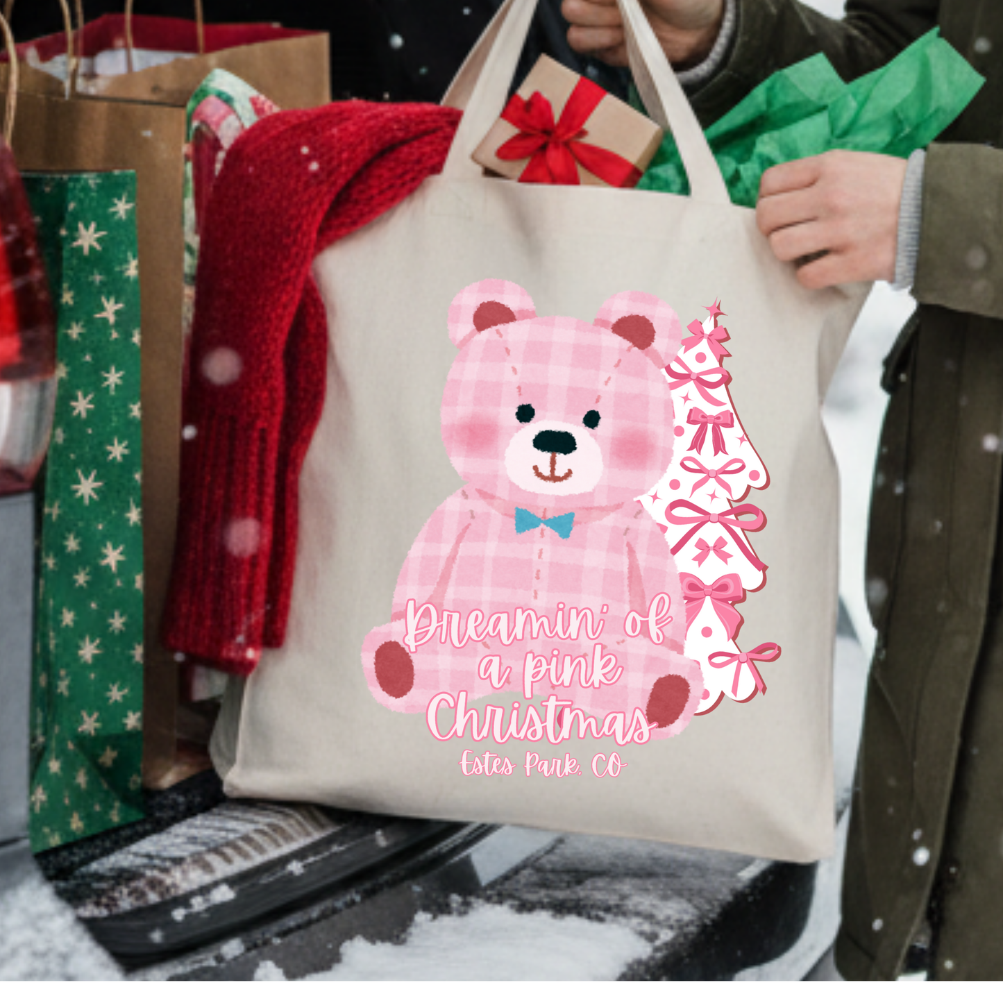 Custom pink Christmas bear tote | Holiday canvas book bag