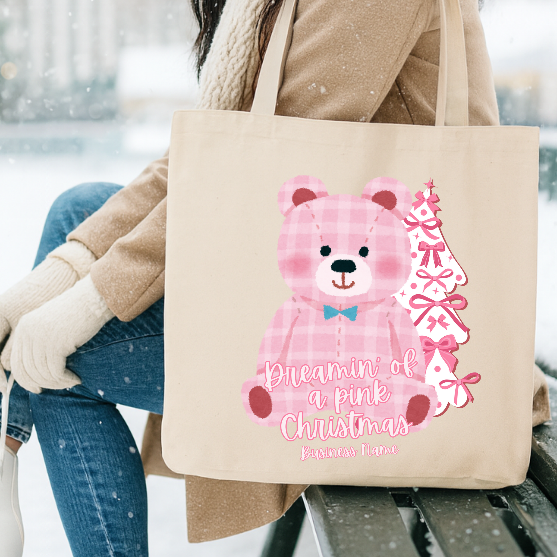 Canvas tote bag with a large pink teddy bear with a pink and white Christmas tree.  Customizable tote with business name, city and state or both