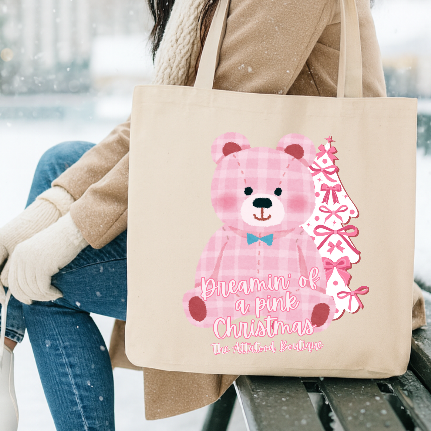 Custom pink Christmas bear tote | Holiday canvas book bag