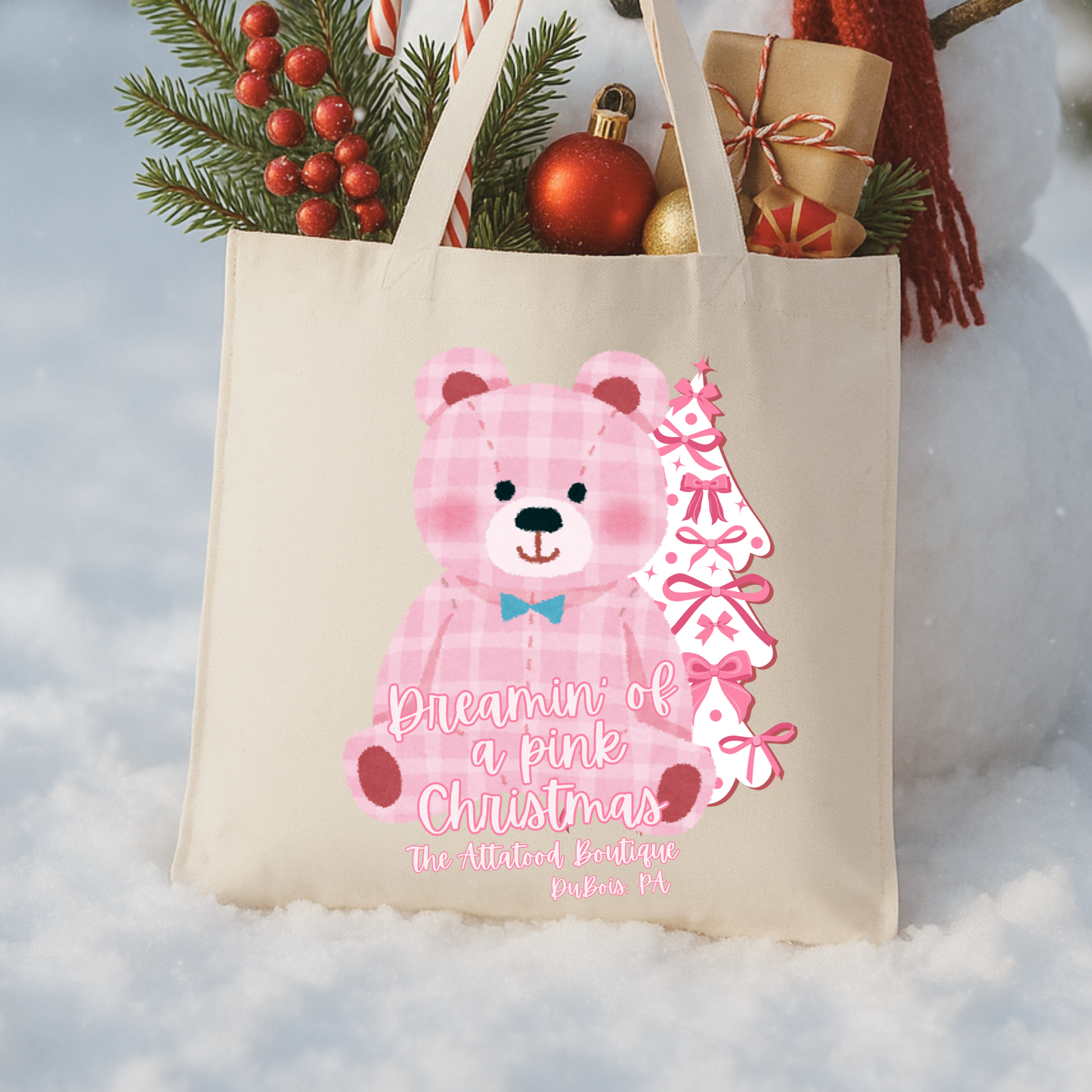 Custom pink Christmas bear tote | Holiday canvas book bag