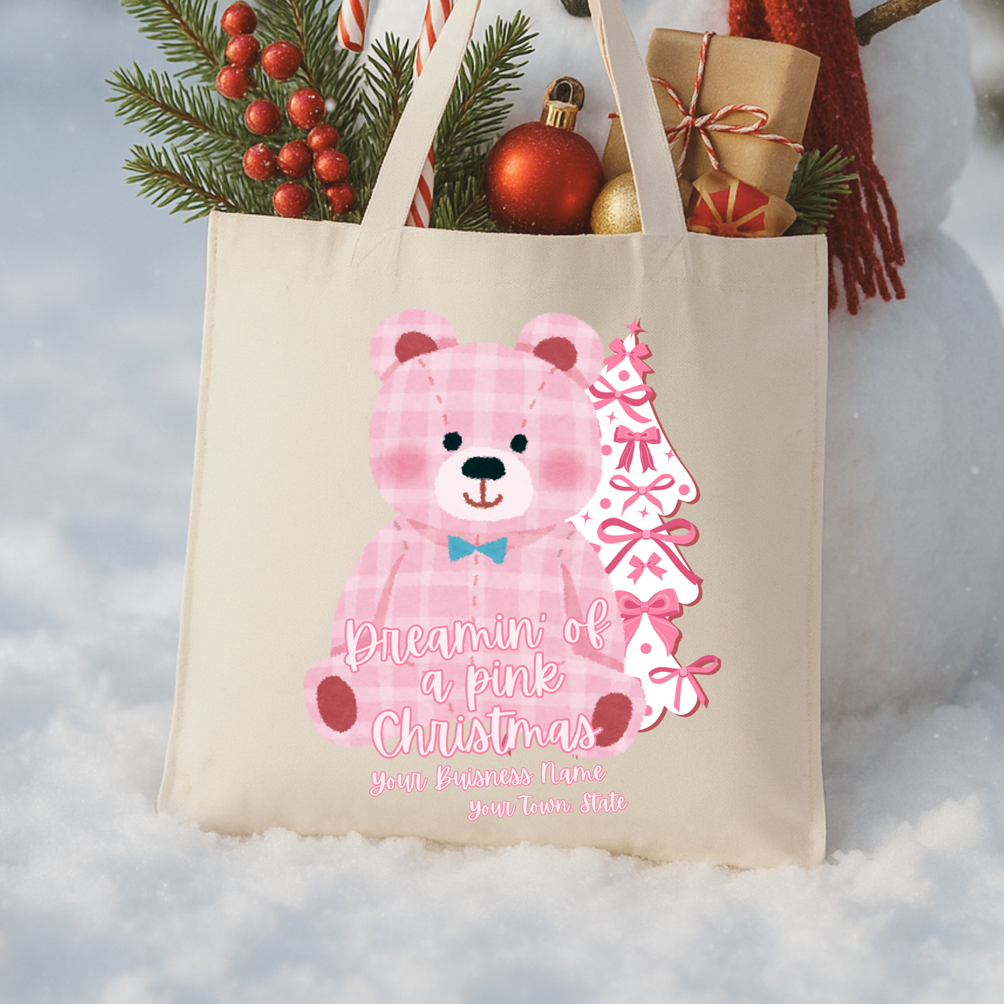 Custom pink Christmas bear tote | Holiday canvas book bag