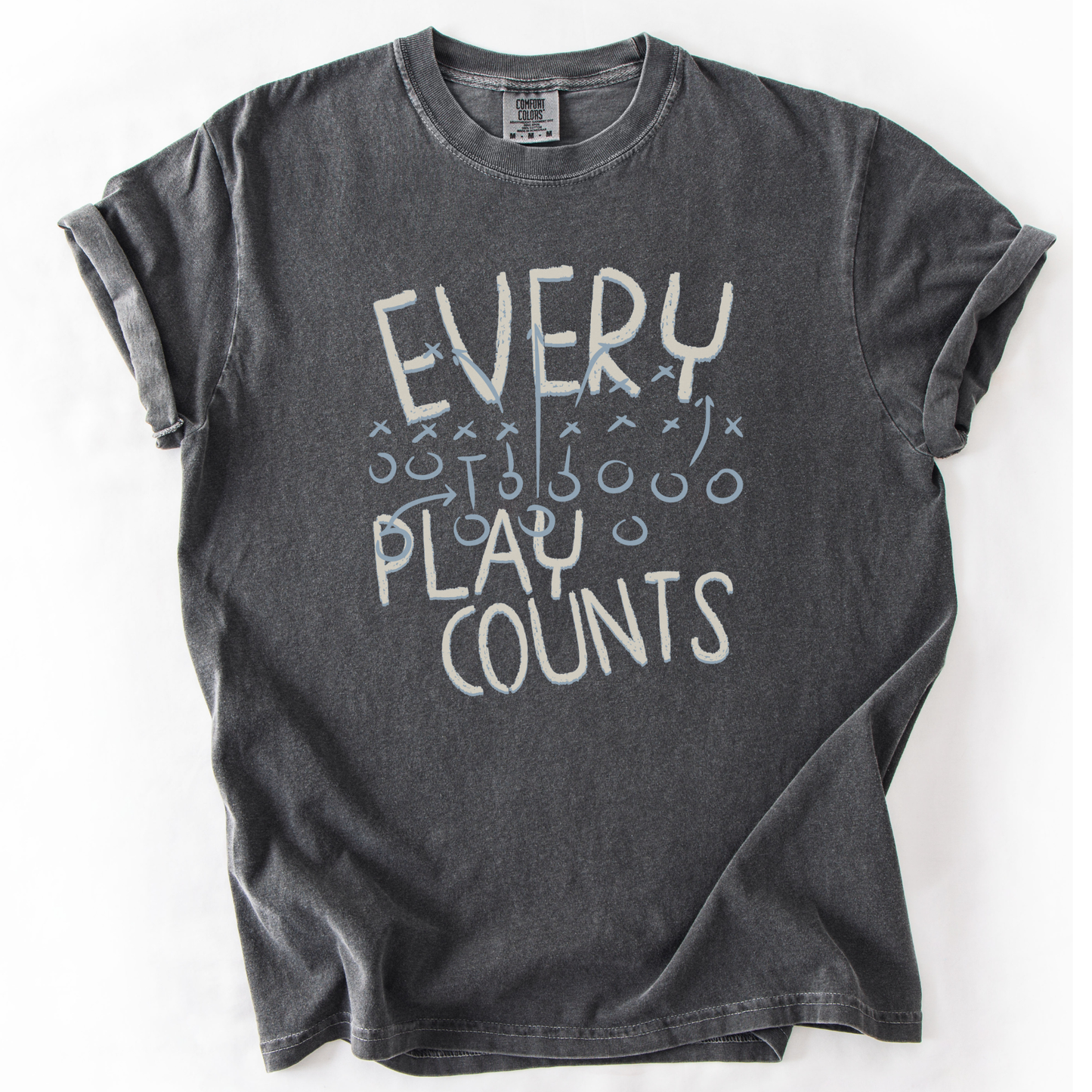 Every Play Counts Football Graphic tee on a gray comfort color tshirt