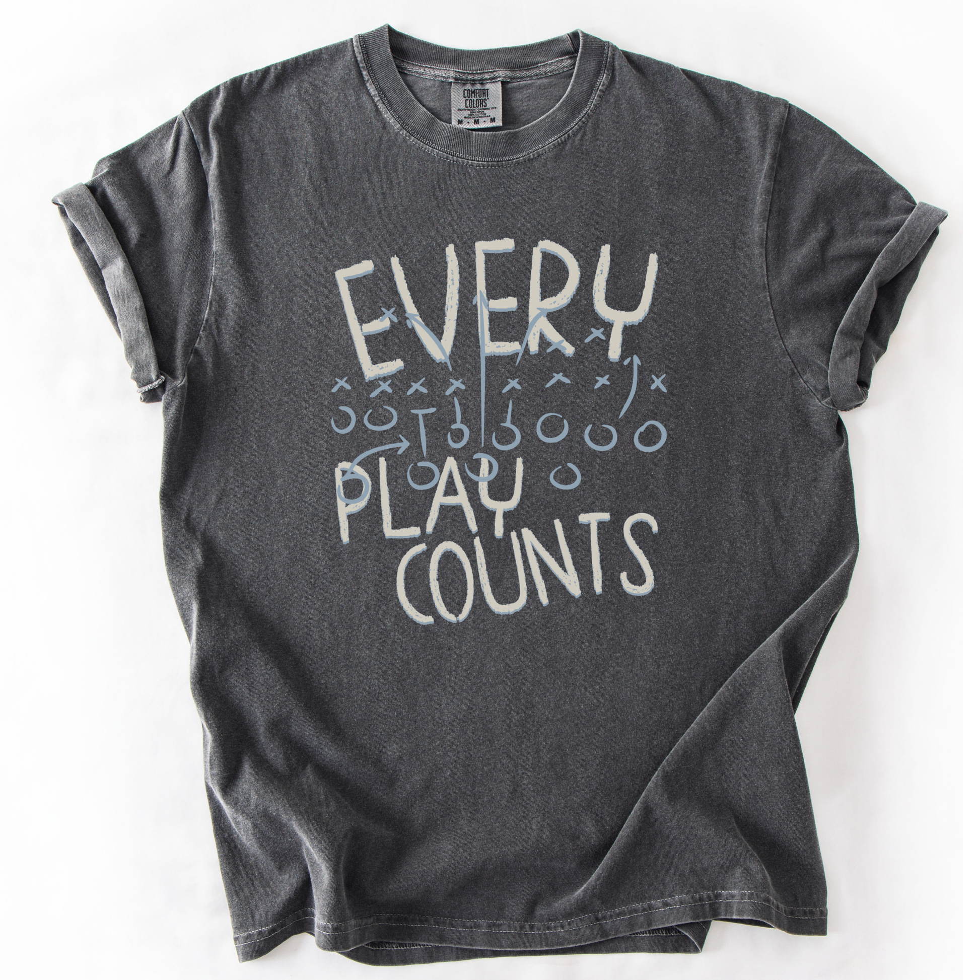 Every Play Counts Football Graphic tee on a gray comfort color tshirt