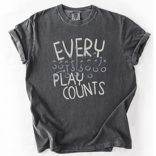 Every Play Counts Football Graphic tee on a gray comfort color tshirt