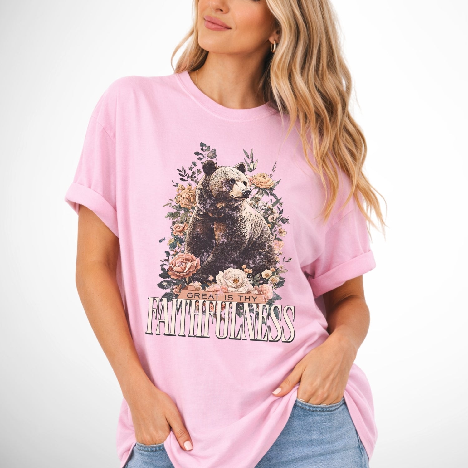 Great is thy faithfulness with an oversized graphic of a bear and flowers on a comfort colors blossom pink tee