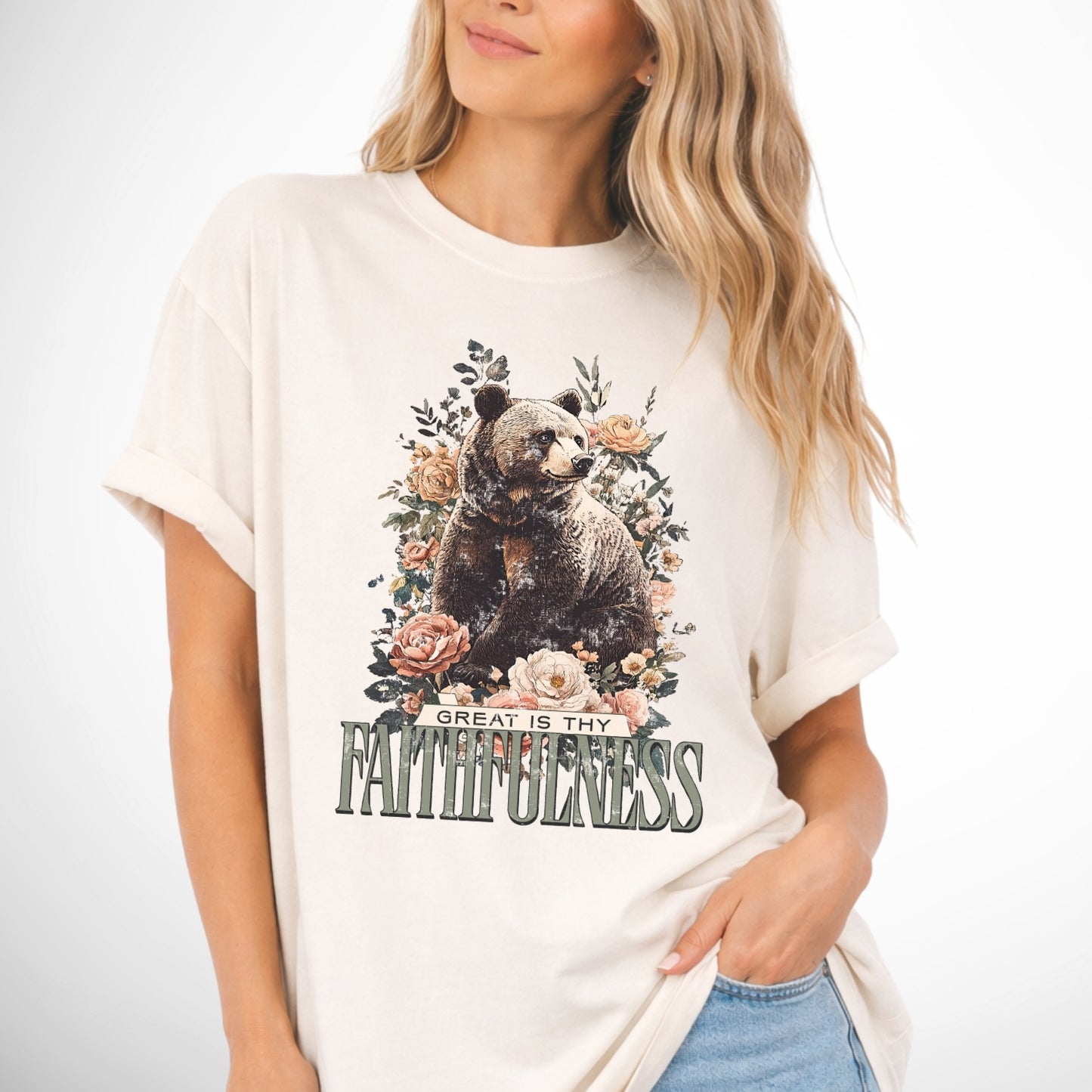 Great is thy faithfulness with an oversized graphic of a bear and flowers on a comfort colors ivory tee